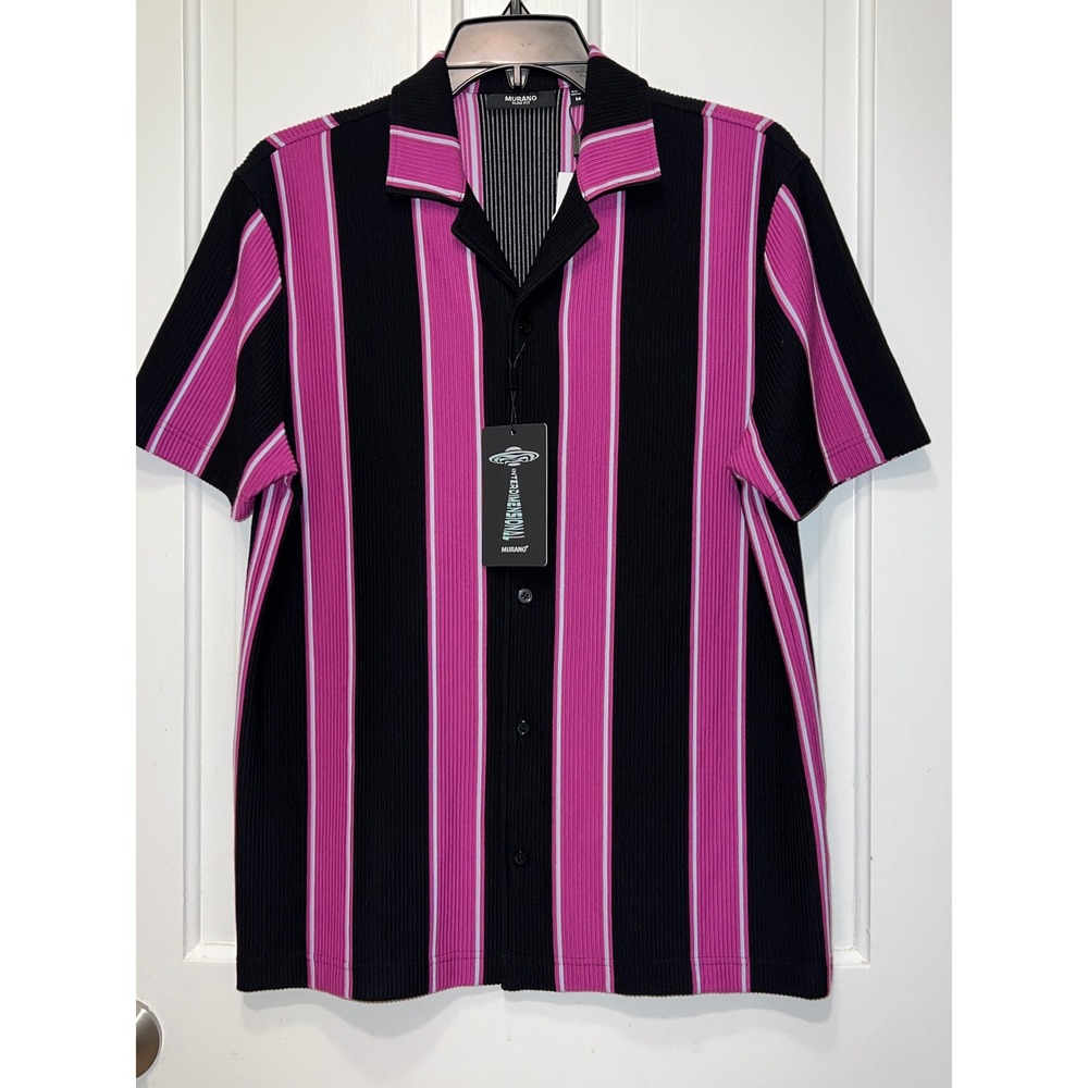 NWT Murano Interdimensional Slim Fit Ribbed Knit Striped Shirt Pink Black Mens M
